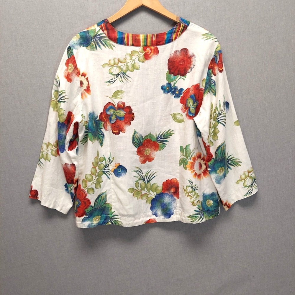 Chicos Linen Floral Kimono Style Top Women 3 Boho Resort Tie Front Beachy Artsy - Picture 5 of 14